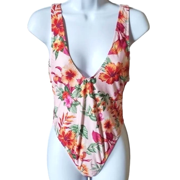 Basta Surf Pink Floral High Leg Open Back One Piece Swimsuit Women Sz L - Picture 1 of 6